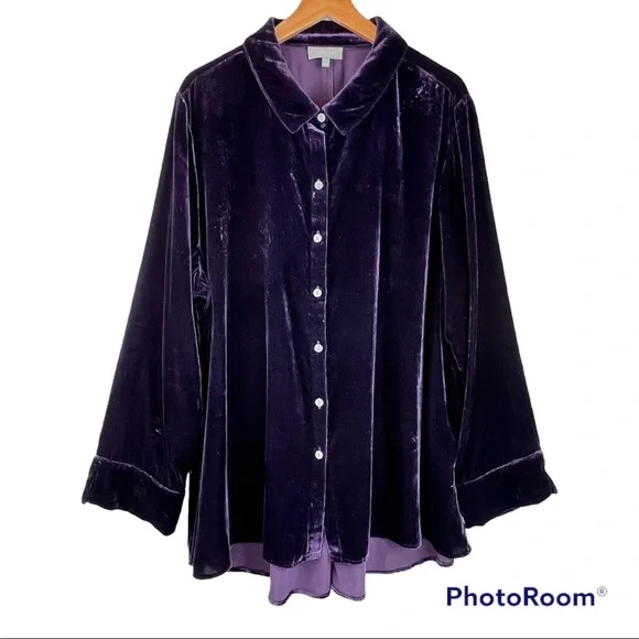 🇺🇸SOLD🇺🇸 Habitat Mandarin Velvet Shirt Top XL Purple - Picture 2 of 9